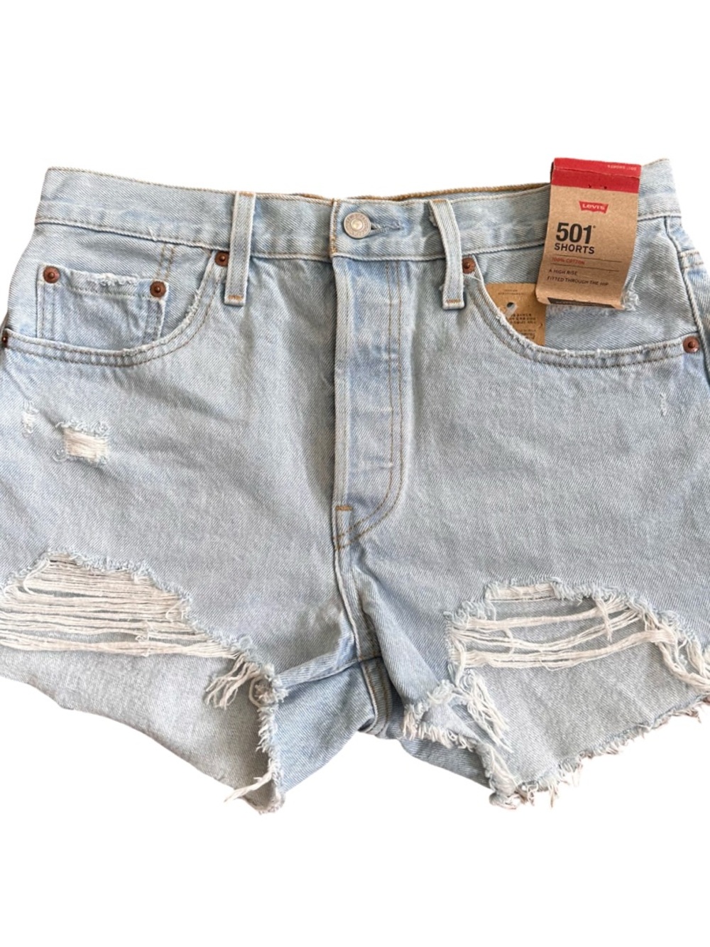 NWT Levi's Women Light Blue Distressed 501 Denim High Rise Cutoff Shorts Sz 28